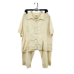 Ancienne Women's Linen Lightweight Button Front Blouse Wide Leg Pants Set - M